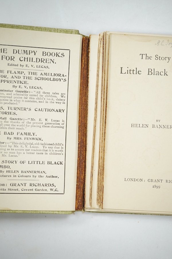 Bannerman, Helen - The Story of Little Black Sambo. No. 4 in 'The Dumpy Books for Children' series. 16mo. Publisher's light green cloth stamped in dark green. Illustrated with 27 full-page wood-engraved illustrations by